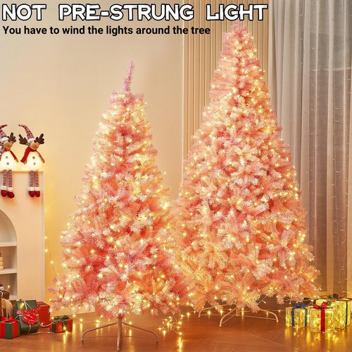 Juegoal 6 FT Artificial Christmas Tree - Spruce Hinged Design with 300 LED Warm White Lights | 8 Lighting Modes, Pink