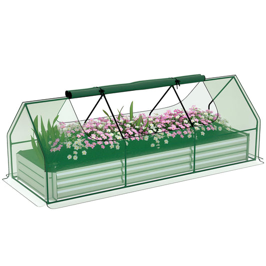 Outsunny 8.6 x 3 x 1ft Metal Planter Box with Mini Greenhouse, Galvanized Raised Garden Bed with Cover for Herbs and Vegetables, Small Greenhouse for Patio Garden Balcony, Green and Silver