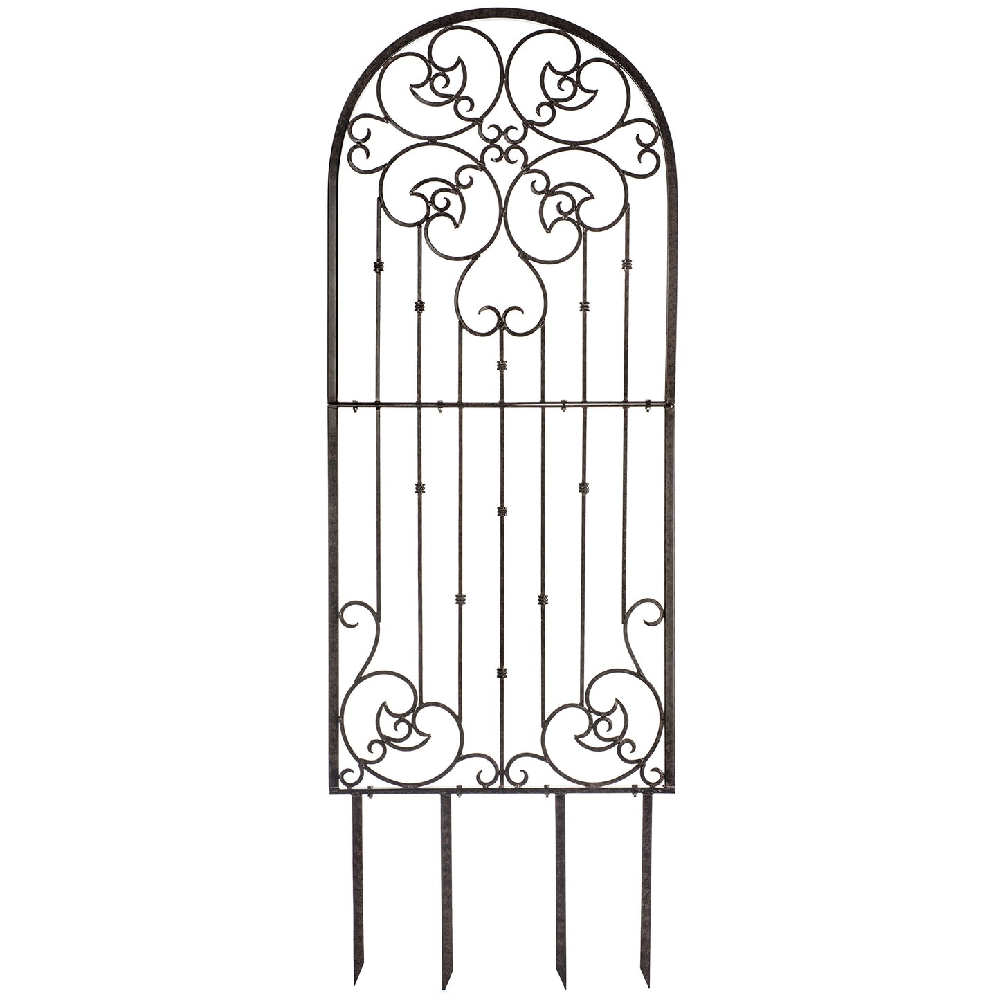 H Potter 72” Heavy Duty Garden Trellis – 60 lb Solid Iron Scrollwork Panel, 1” Metal Frame with Ground & Stabilizing Stakes (Charcoal Brown)