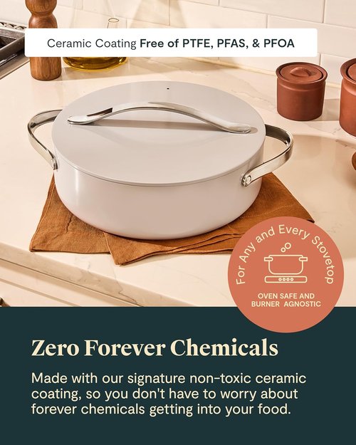 Caraway Rondeau - 6 Qt Non-Stick Cooking Pan with Lid - Chemical-Free Design for Searing & Roasting - Cream