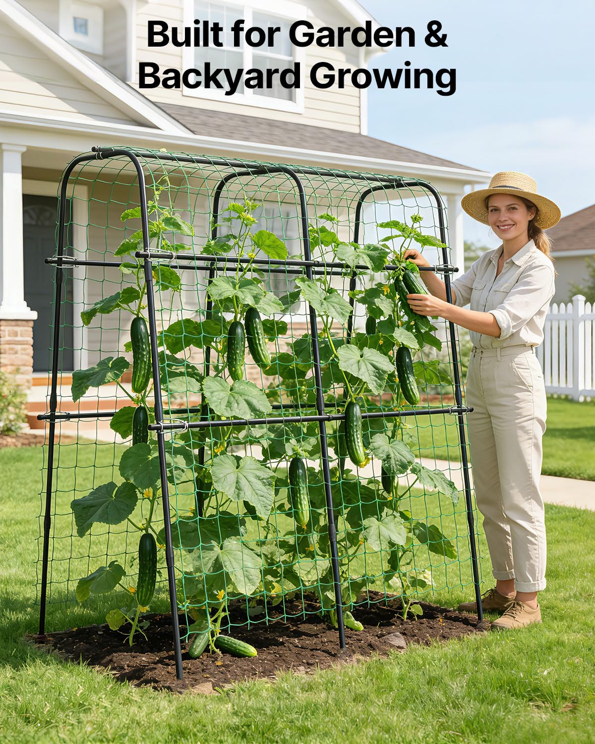 Suteck Cucumber Trellis for Raised Bed – 63" x 63" U-Shaped Metal Garden Trellis for Climbing Vegetables, Tall Arch Plant Support for Beans, Tomatoes
