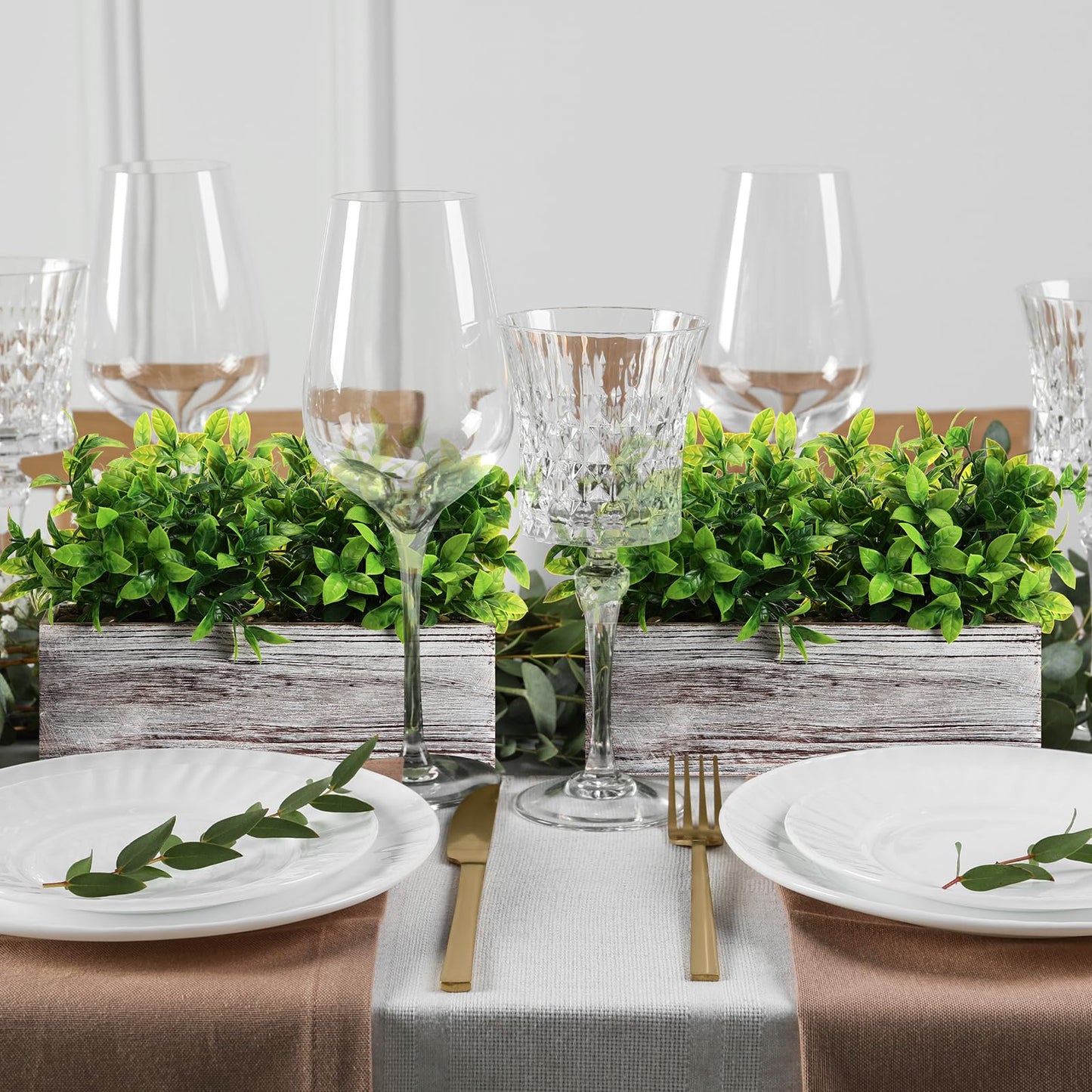 Lyrow 2 Pack Artificial Eucalyptus Plants in Rectangular Rustic Wooden Planter Box Faux Potted Herb Plant Greenery Centerpiece for Cabinet Windowsill Table Shelf Wedding Farmhouse Decor (White,11.4'')