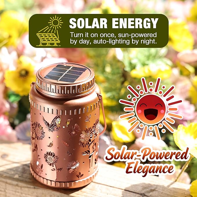 Cooo 6 Pack Solar Lanterns Outdoor Waterproof Sunflower Butterfly Solar Pathway Lights Landscape Path Christmas Gifts for Women Mom Grandma for Outdoor Table Lamps Garden Yard Backyard Decor-Rose Gold