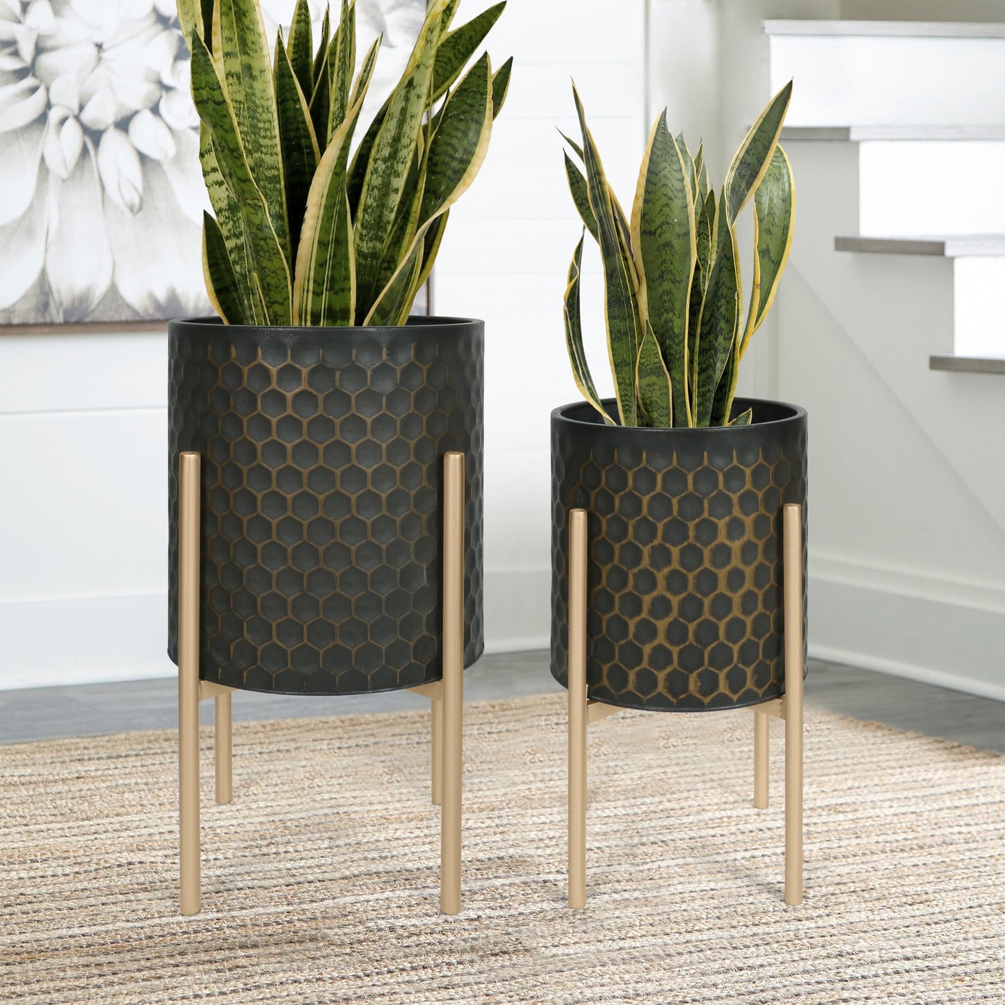 Oakrain Mid Century Planters for Indoor Plants, Set of 2, Modern Decorative Metal Pots for Living Room, Office, Garden or Balcony, Black&Golden Honeycomb, 10" &12"