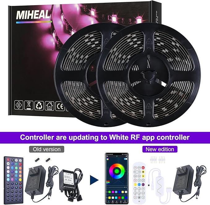 MIHEAL Led Strip Lights Kit 32.8 Ft (10m) 300leds Waterproof 5050 SMD RGB LED Flexible Lights with 44key ir Controller and Power Supply for Home,Kitchen,Trucks,Sitting Room and Bedroom Decoration.