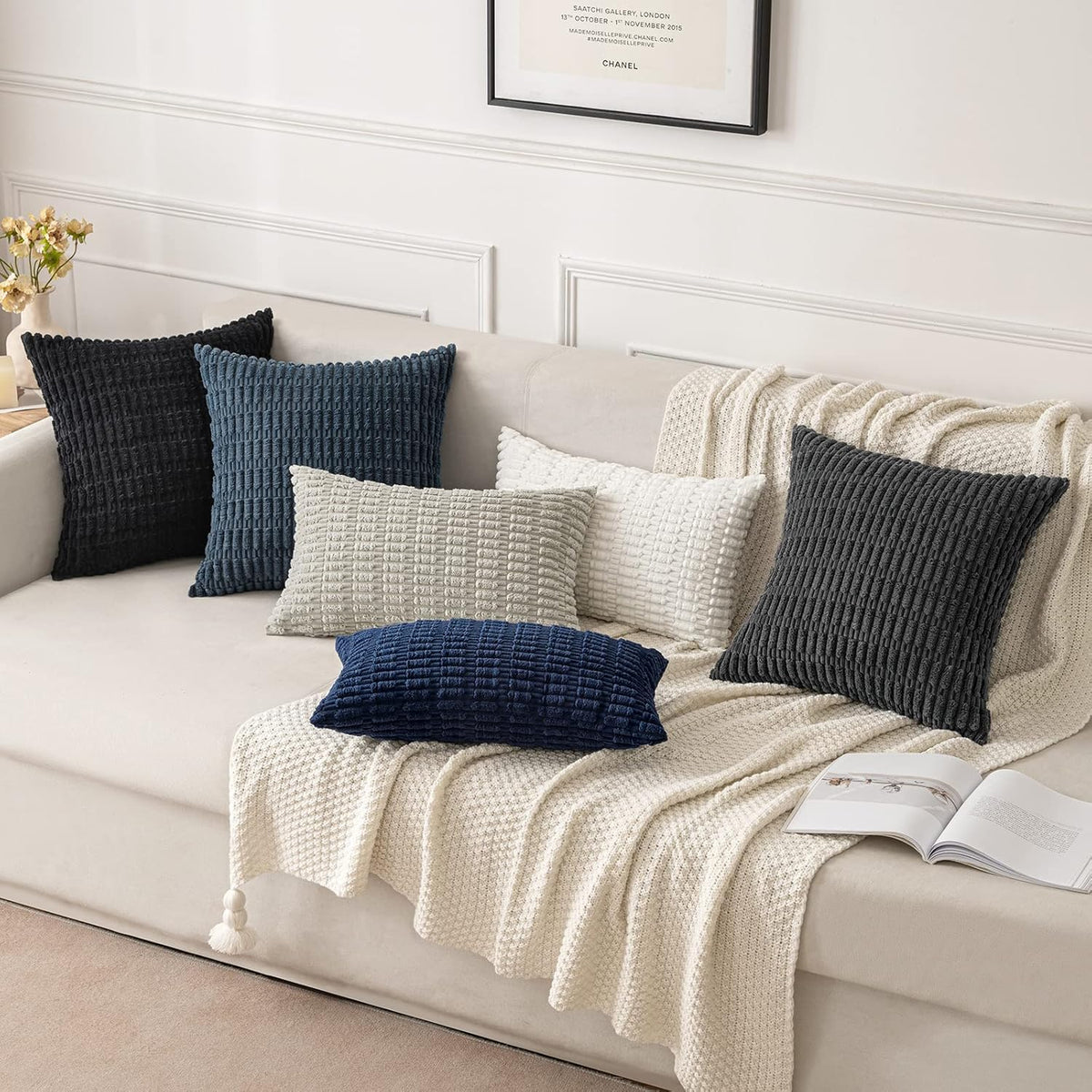 MIULEE Corduroy Throw Pillow Covers - Soft Boho Striped Design | 18x18 Inch Pure White for Modern Home Decor