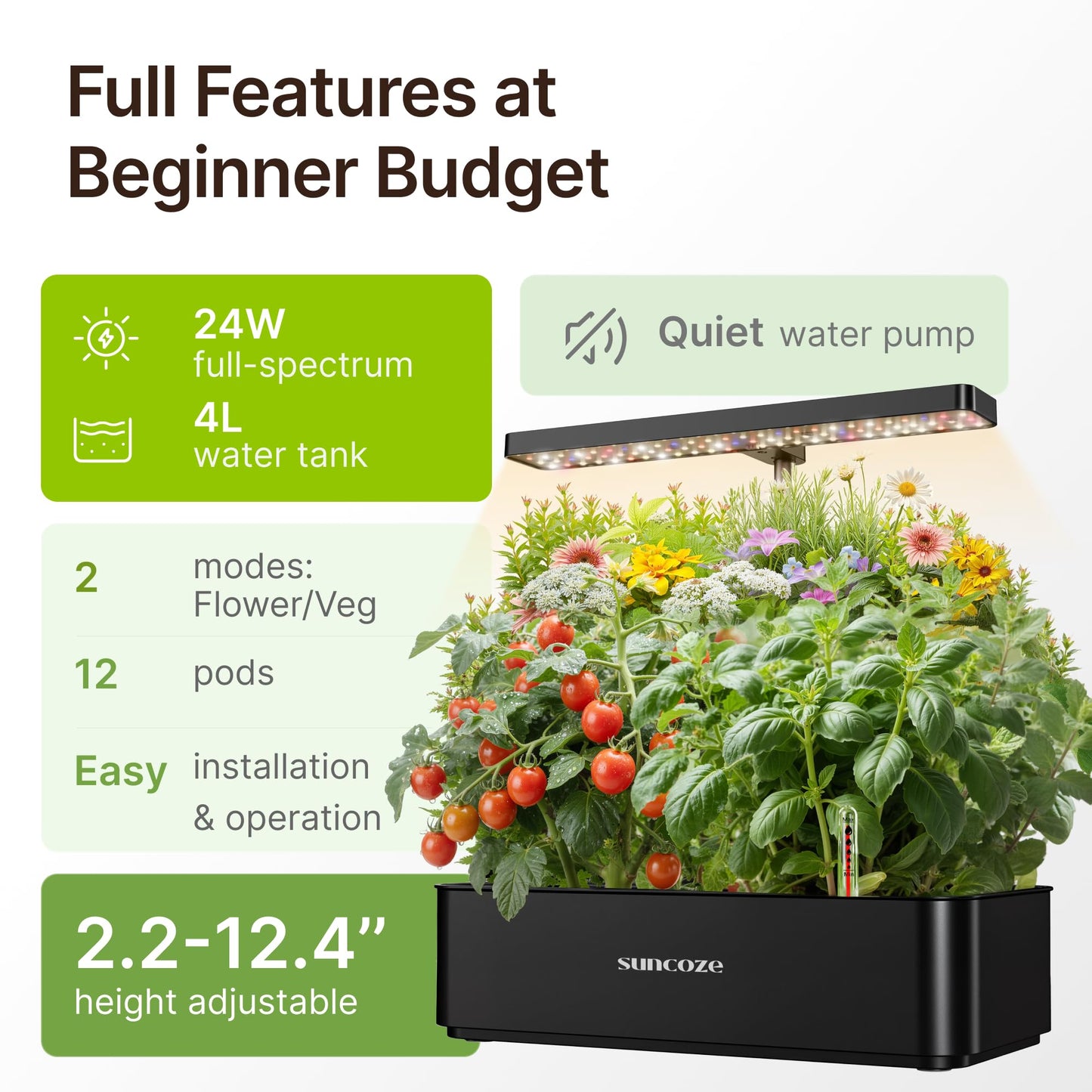 SUNCOZE Hydroponics Growing System Kit 12 Pods, 24W LED Grow Light Indoor Garden, 4L Water Tank with Quiet Pump, Adjustable Height Herb Garden Planter Indoor Kit, Gardening Gifts, Black