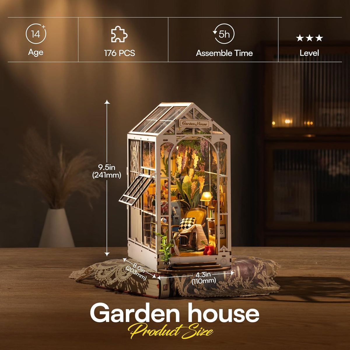 ROBOTIME Book Nook Kit - DIY Miniature House with LED Light | 3D Wooden Puzzle Bookend Decor (Garden House)