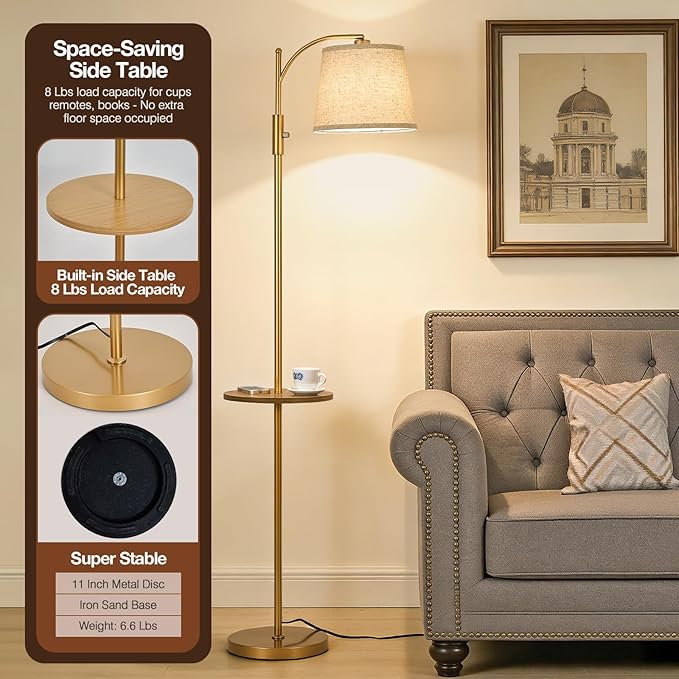 AIDENOEY Smart Floor Lamp with Side Table | Stepless Dimming, RGB Multi-Color | Adjustable Swivel Head | Voice Control with Alexa & Google Assistant |Golden Lamp for Living Room,Bedroom,Home Office