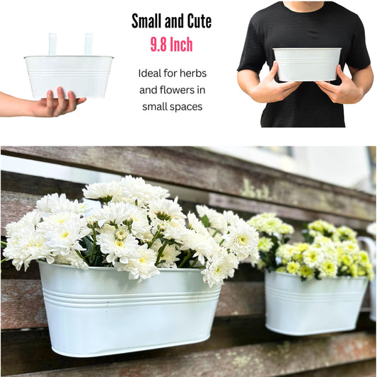 LaLaGreen Outdoor Rail Planter (10 Pack, 9.8 Inch) Small and Cute White Metal Iron Hanging Flower Pot Deck Railings Fence Buckets Countryside Style Wall Mount Window Box Plant Holder Hooks Porch Decor