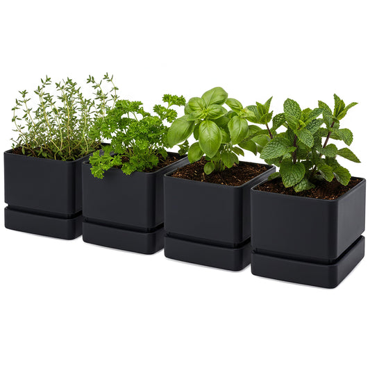 D'vine Dev 6 Inch Herb Planter Pot, Plastic Planter with Drainage Holes and Saucer, Modern Decorative Gardening Pot for Indoor Plants, Flowers, Herbs, Succulents, Black, Set of 4, 76-Y-B4-2