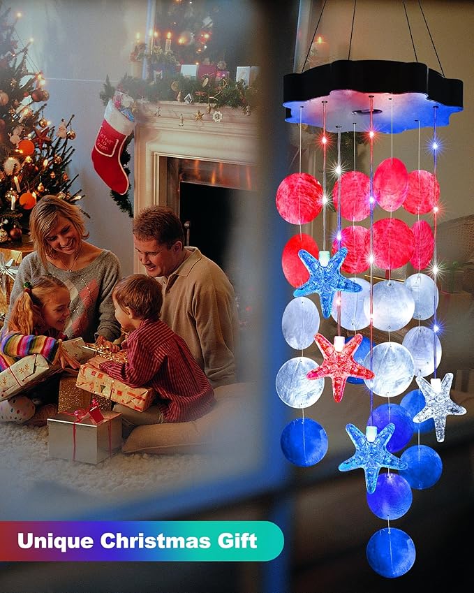 Toodour Solar Decorative Lights Outdoor, Red White Blue Shells Lights Gifts for Mom Grandma Women Wife Girls, Solar Wind Chimes Outside Decorative Mobile Light for Garden Porch Yard Window Decor