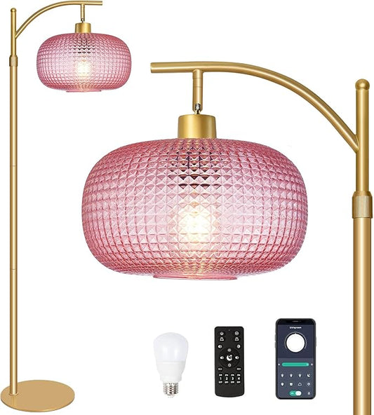 Glass Floor Lamp for Living Room, Modern Tall Standing Lamp with Pink Glass Lamp Shade, Dimmable Gold Tall Floor Lamp for Bedroom Office with Remote Control, 1 x 12W LED Bulbs Included