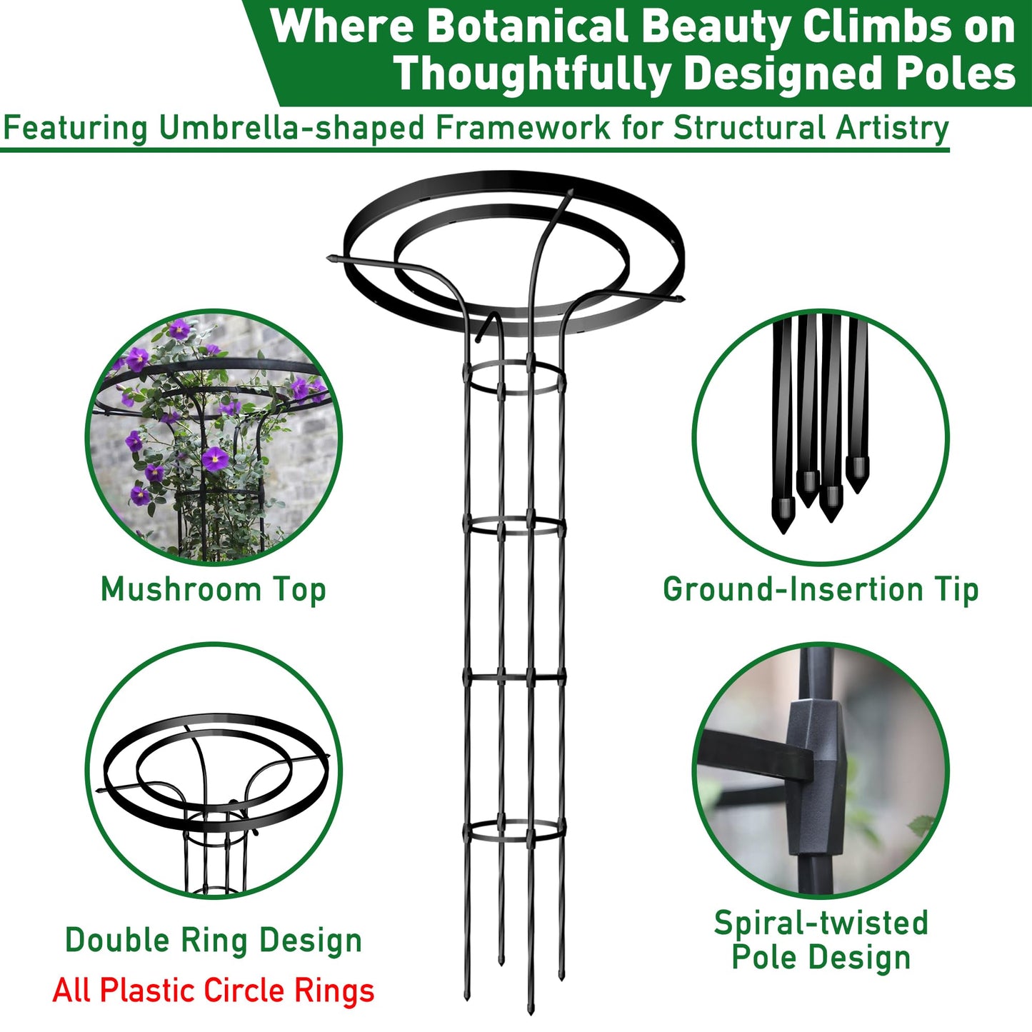 6.89FT Mushroom Top Obelisk Trellis for Outdoor Climbing Plants, Rustproof PE-Coated Metal Poles Support, Decorative Garden Trellis for Climbing Rose, Wisteria, Black