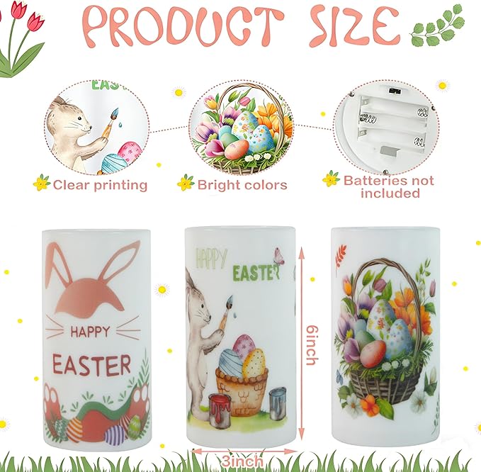 3PCS Easter Flameless Candles with Remote Control,Happy Easter Bunny Flower Rabbit Spring LED Candle Battery Operated for Easter Theme Party Home Decor