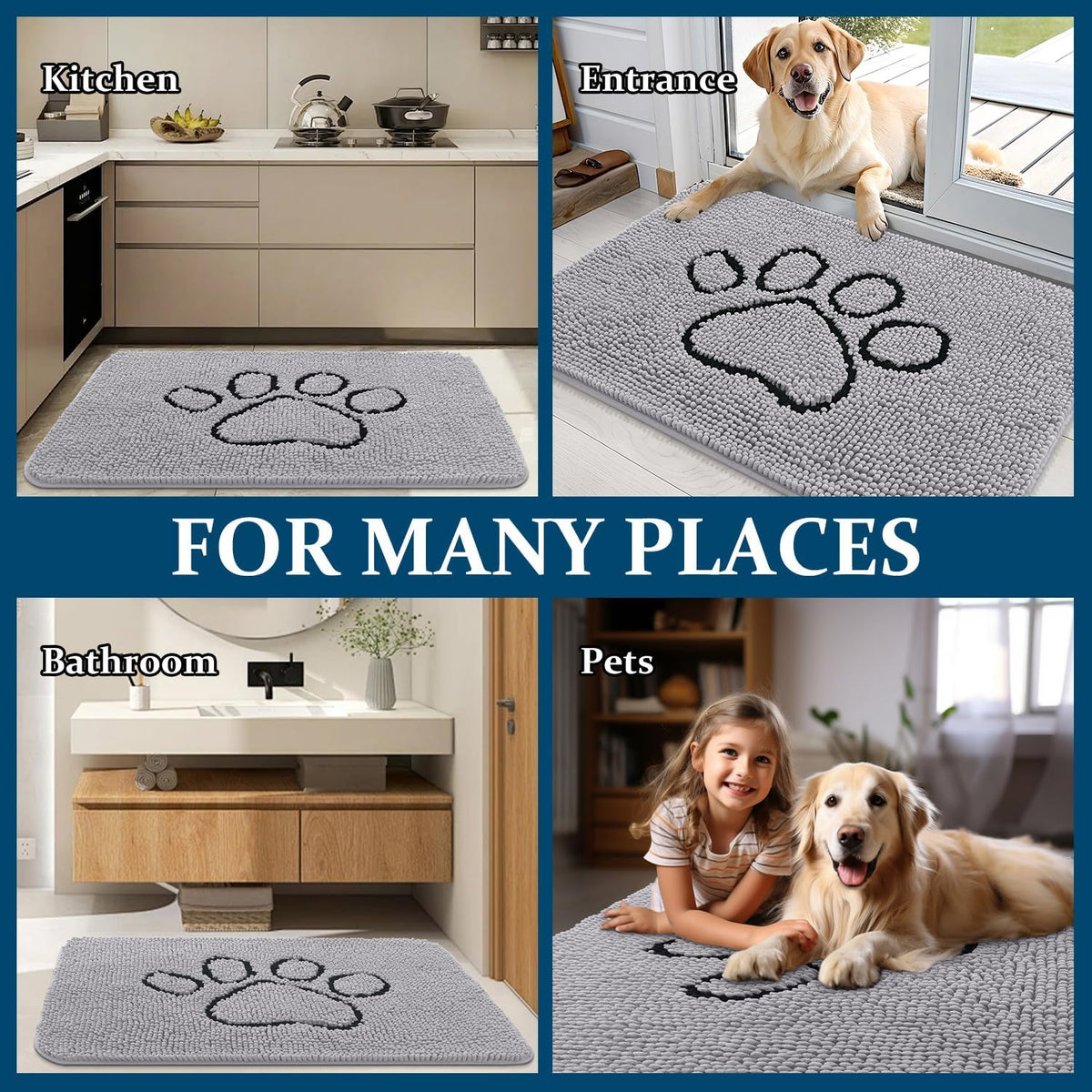 OLANLY Dog Door Mat - Absorbent Muddy Paws Doormat | Non-Slip Chenille, Quick Dry, 48x30, Light Grey