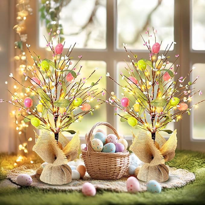 EAMBRITE Easter Decorations Easter Egg Tree with Lights, Lighted Trees Battery Powered, Tabletop Centerpiece Decor with Colorful Egg Ornaments for Home Table Party Spring Decoration (2 Pack)