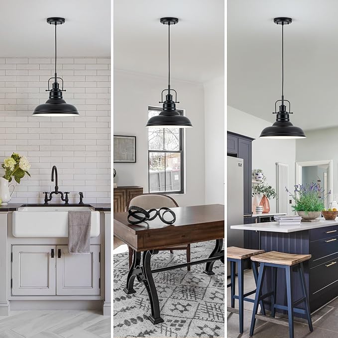 Famrhouse Pendant Light, Black Pendant Light Fixture with Metal Dome Shade, Adjustable Height Hanging Light for Kitchen Island, Living Room, Bedroom