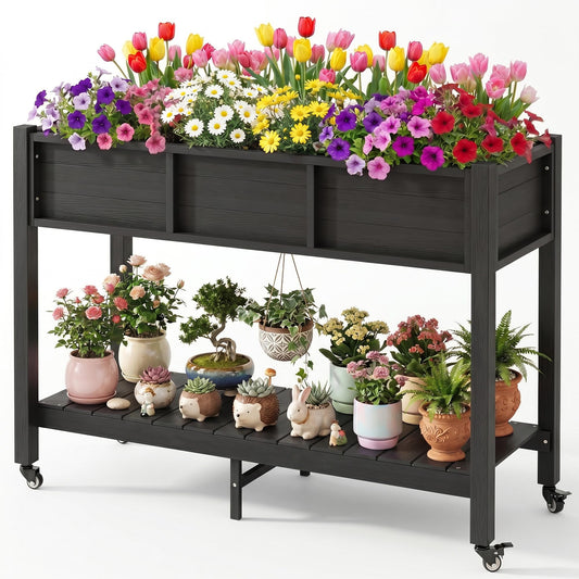 DWVO 47x18x31in Raised Garden Bed Outdoor HDPE with Legs and Lockable Wheels, Weather-Resistant Poly-Wood Elevated Planter Box, Double Tier Planters for Backyard Patio Balcony, Black
