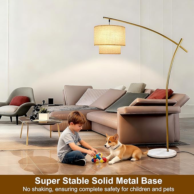 Lightdot Arc Floor Lamp for Living Room, Modern Standing Tall Lamps with Double Linen Shade, Tall Hanging Pole Lamp with Stable Base & Bulb Included for Bedroom/Sofa Beside/Corner Decor-Gold