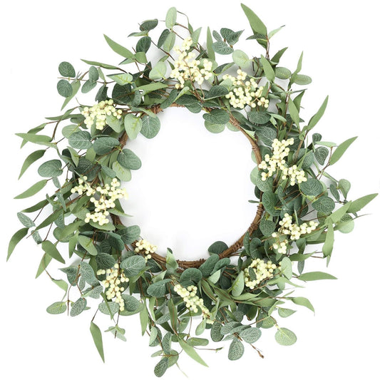 Eucalyptus Wreath, 20" White Berries Artificial Greenery Olives Leaves Spring Wreath,Holiday Large Front Door Wreath for Porch Outdoor Farmhouse Window Wedding Wall Home Decoration
