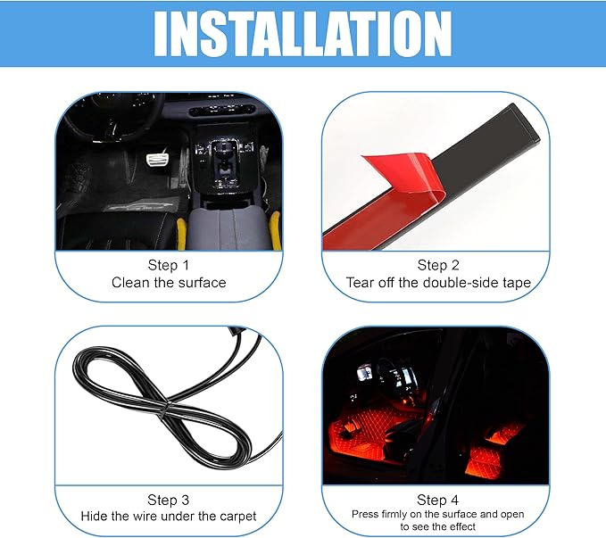 Car LED Strip Light, 24 LED RGB Neon Auto Interior Atmosphere Lights, 12V USB Port Under Dash Ambient Night Light, Universal Decorative Lamp Accessory for Car Truck (Red, USB)