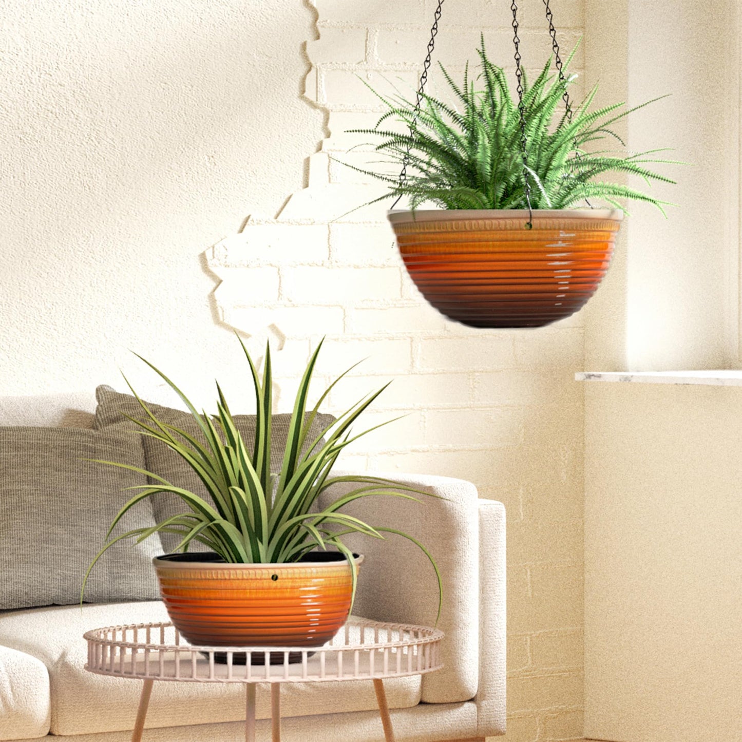 Vanslogreen 2 Pack Hanging Planters for Indoor Outdoor Plants, 10 Inch Hanging Planter with Drainage Hole & Plug Glazed Hanging Baskets Flower Pots for Garden Home, Orange
