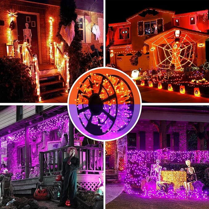 JMEXSUSS Halloween Lights, 8 Modes Waterproof Orange and Purple Light Outdoor Plug in, Clear Wire Halloween String Lights Indoor Bedroom 500 LED Orange and Purple 163 FT
