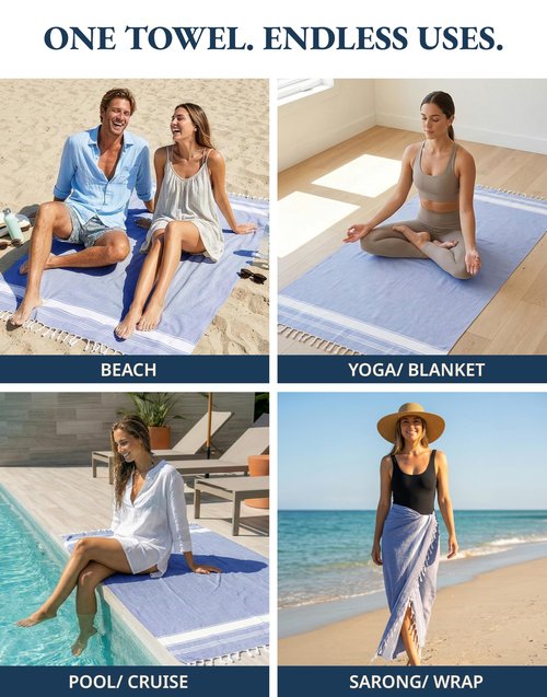 LANE LINEN Beach Towels 4 Pack Oversized - Turkish Towel Set, Pre-Washed Oversized Beach Towel, Quick Dry Beach Towels for Travel, Beach Towel Large, Sand Free Towel,39"x71" - Forever Blue