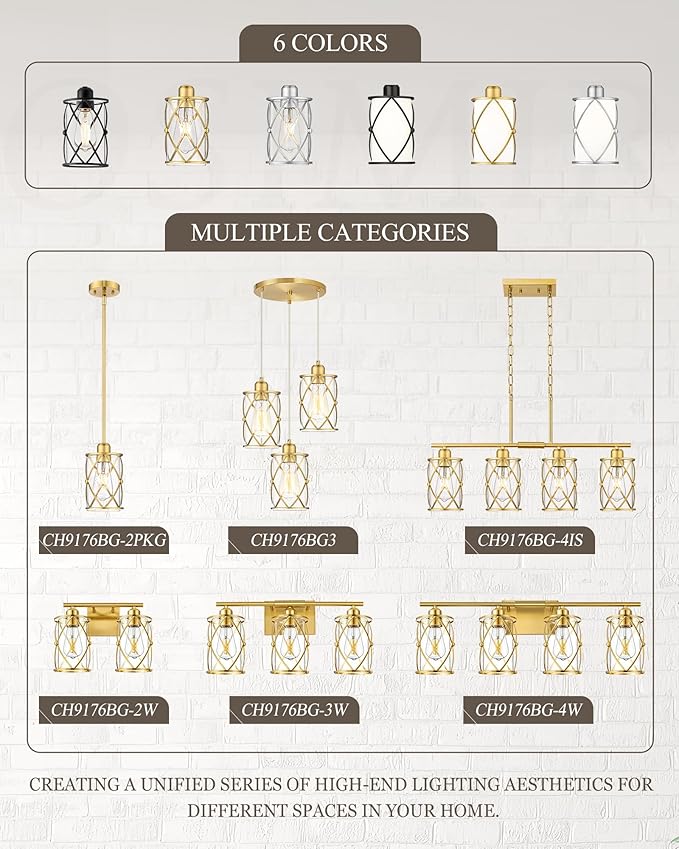 Brushed Gold Pendant Lights Kitchen Island, 2 Pack Brass Glass Pendant Light Fixture Farmhouse Cage Hanging Lighting with Rod for Kitchen Island Sink Bathroom, CH9176BG-2PKG