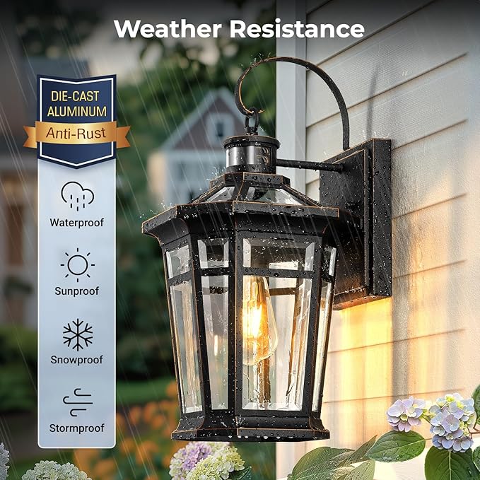 VIANIS Large Outdoor Porch Lights Wall Mount, Aluminum Motion Sensor Porch Lights Outdoor Lantern, Black with Gold Trim Exterior Lighting Fixtures, Waterproof Exterior Lighting Fixtures Dusk to Dawn