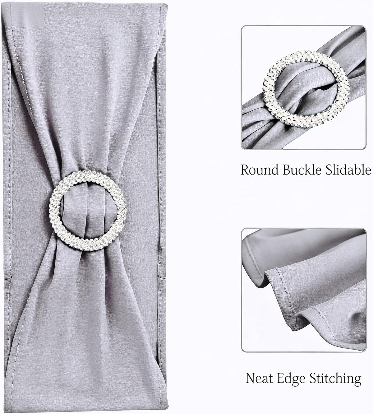 Skiennix 50 Pack Spandex Chair Sashes - Silver Grey with Slider Buckles for Weddings & Events