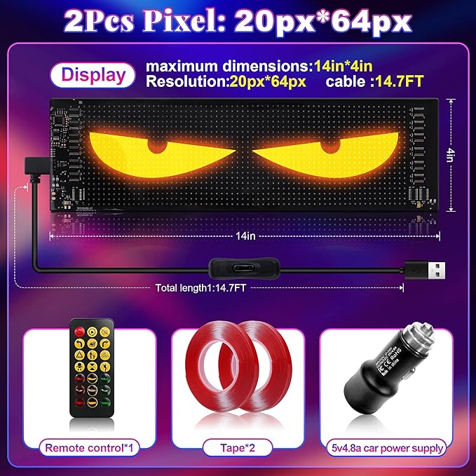 Sachie 5800 Lux High-Brightness Multi-Panel Sync LED Display (14"x4.3") – 3X Brighter, APP/Remote Programmable Scrolling Text & Animation for Cars, Stores – USB 5V Powered (1pcs)