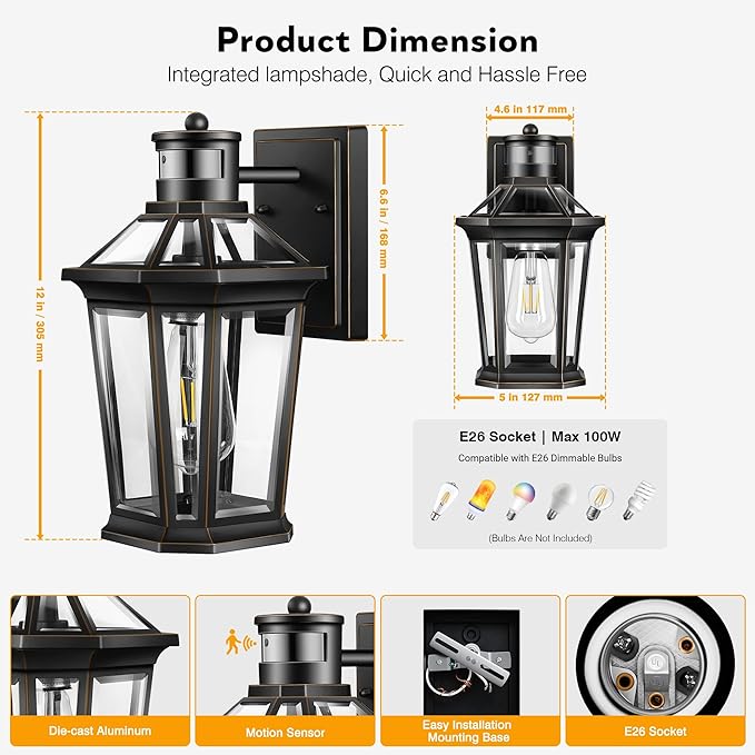 VIANIS Motion Sensor Outdoor Wall Lantern, Black Waterproof Dusk to Dawn LED Exterior Wall Sconce, Anti-Rust Aluminum Modern Outdoor Lights Fixtures Wall Mount for Porch, Entryway, Garage, Front Door