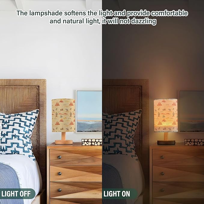 Table Lamp Vintage Sunset Desert Pattern Cactus Mountain Cowboy Horse Turkey Nightstand Lamp with Wood Base Fabric Lamp Shade Bedside Desk Lamp for Living Room Bedroom Kids Room Office