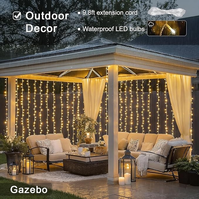 JMEXSUSS 900 LED Outdoor Curtain Lights, 9.5x29.5ft Christmas Lights Plug in with Remote, Twinkle Hanging String Light for Bedroom Wall Wedding Backdrop Window Gazebo Decor, Warm White