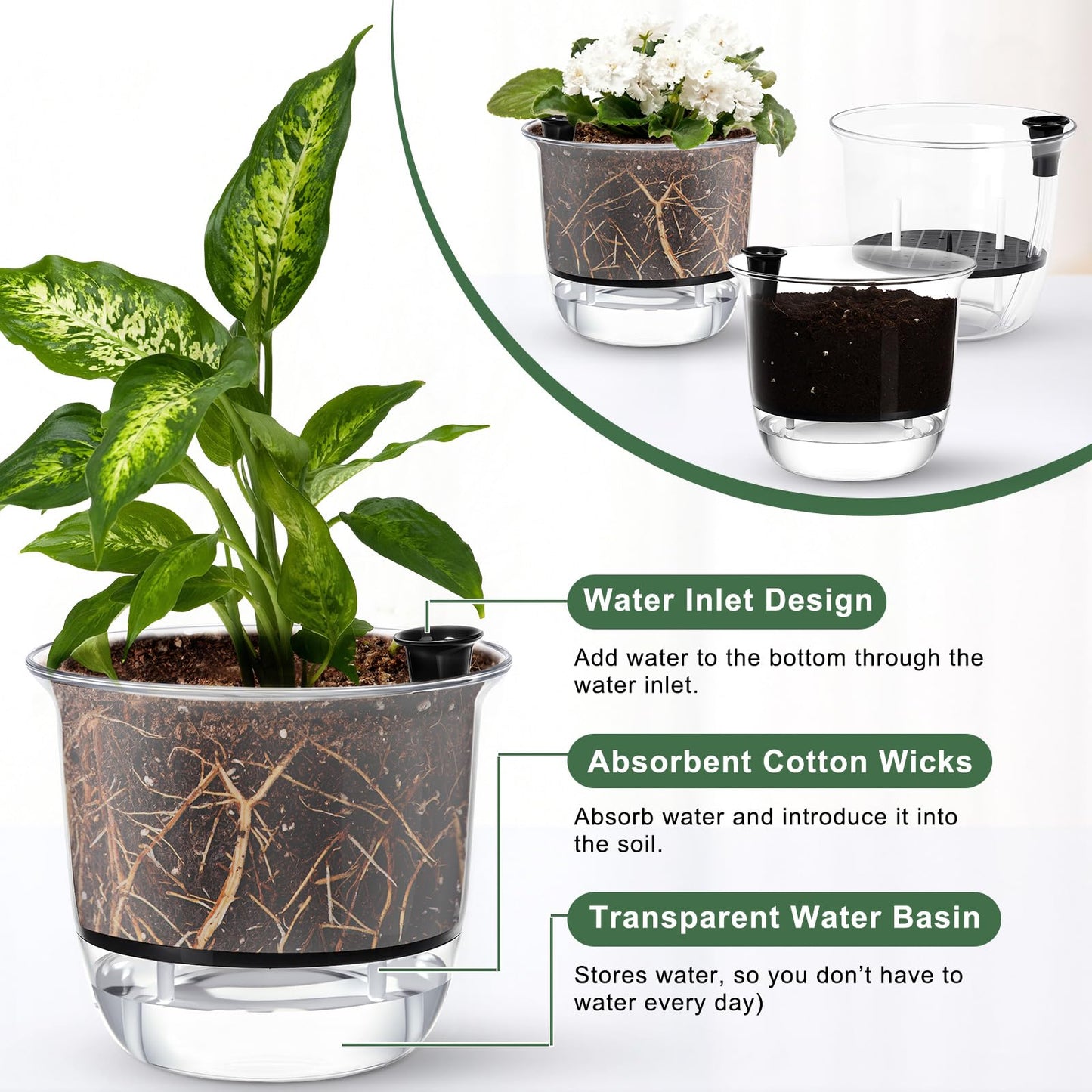 Ferrochef 6 Pcs Clear Self Watering Pots for Indoor Outdoor Plants Flowers, 4 Inch Self Watering Planters with Reservoir, Drainage Hole and Absorbent Cotton Rope