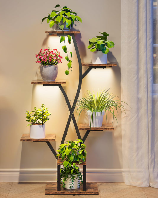 CHOEZON Plant Stand Indoor with Grow Light, 7-Tier Flower Plant Holder, 46.5” Tall Corner Plant Display Rack, Dimmable Grow Light with Timer, Rustic Brown and Black TCJ40DBF