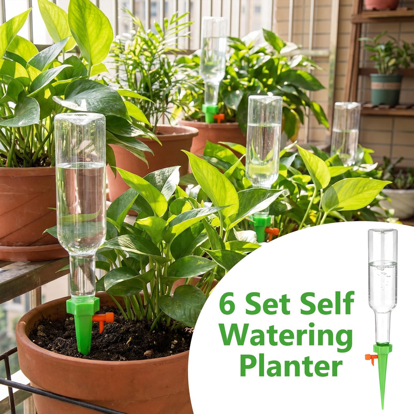 Ferrochef 6 Set Plant Watering Devices with Self Watering Spikes Automatic Planter Insert Spikes with Bottle Waterer Devices with Adjustable Control Valve for Vacation Garden Indoor(25 oz Bottle)