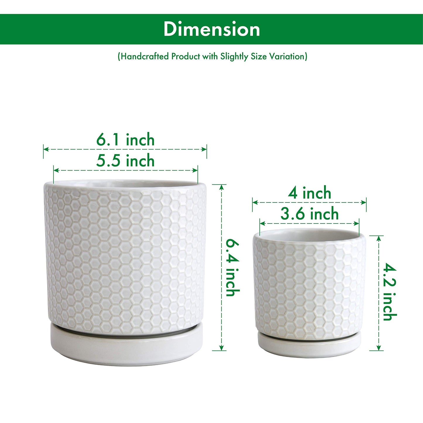 D'vine Dev Set of 2 Modern Matte White Honeycomb Embossed Ceramic Planter Pots with Saucer and Drainage Hole, 4 Inch & 6 Inch, 99-C-1-N