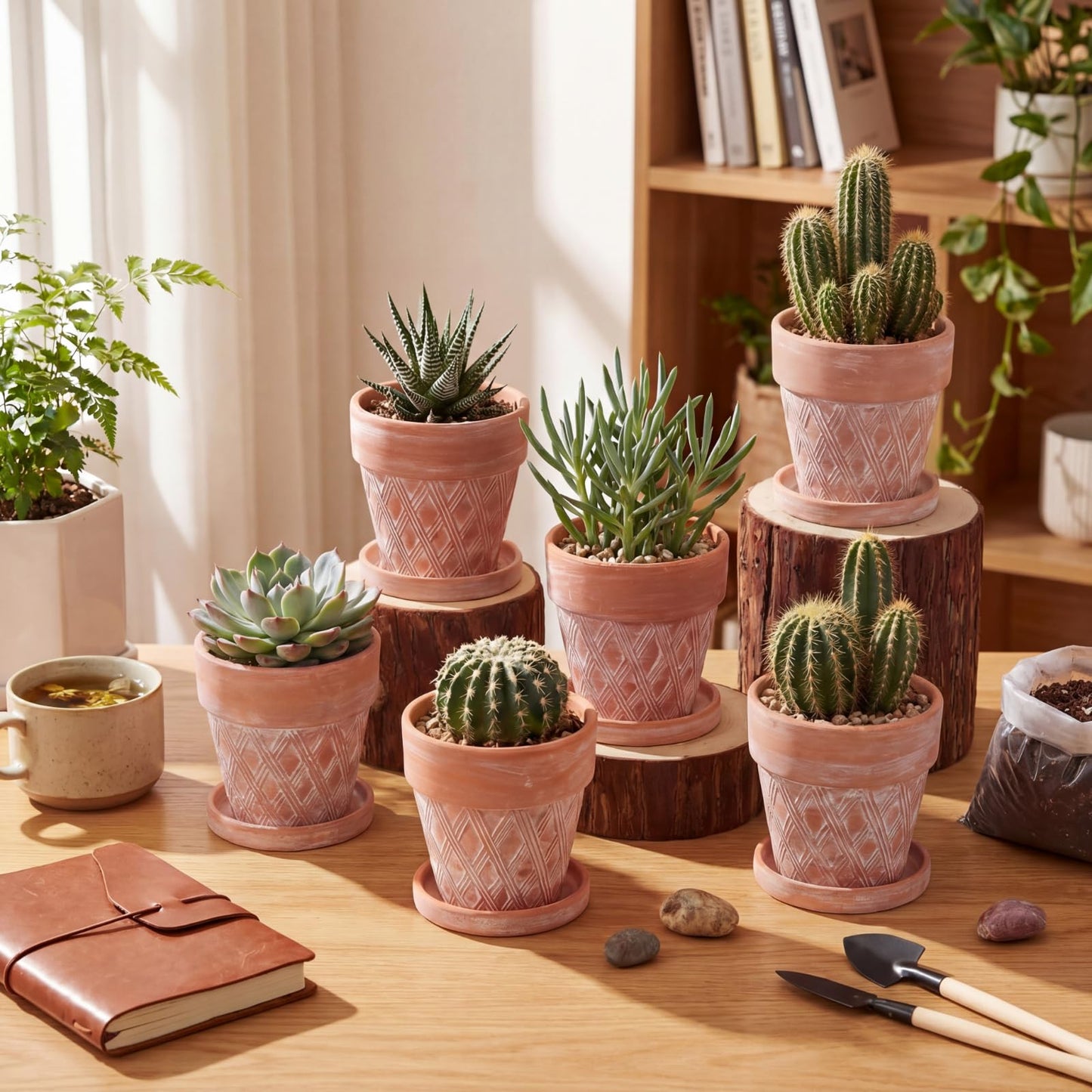 Maxdot Set of 6 Embossed Succulent Pots 4" Small Terracotta Pots with Drainage Hole and Saucer Rustic Clay Succulent Planter Pot Decorative Ceramic Cactu Flower Pot for Indoor Outdoor(Lattice Style)