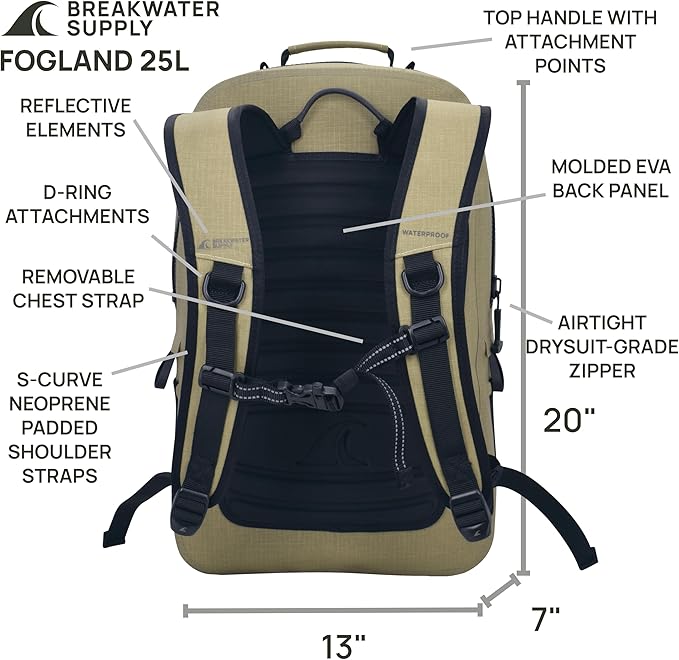 Breakwater Supply™ Waterproof IP68 Submersible Backpack with Airtight Zippers | Laptop Travel Outdoors | Fogland 25L 20L 15L | 100% Waterproof, Submersible, Airtight Zippers, Travel Outdoors