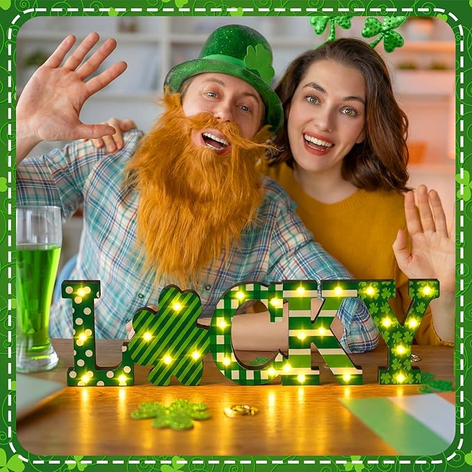 Menkxi St Patricks Day LED Wooden Sign St Patrick's Day Shamrocks Table Decoration Wooden Lucky Decor Saint Patty's Tiered Tray Decor Light up Irish Table Centerpiece for Home Party Desk Office Room