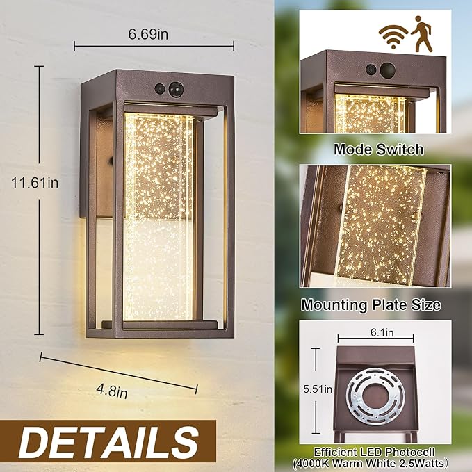 2Pk Oil Rubbed Bronze Solar Outdoor Sconces with 3 Modes Motion Sensor Crystal Exterior Light Fixtures with 4500K 250LM LED Outside Lights for House Waterproof Dusk to Dawn Solar Porch Lights
