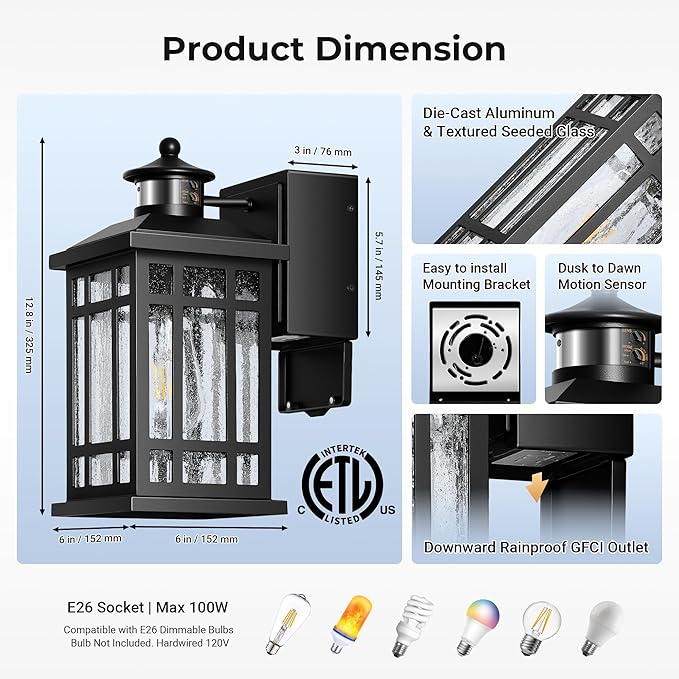 Porch Light with GFCI Outlet, Black Motion Sensor Outdoor Lights 2-Pack, Outside Wall Lights for House, Garage, Doorway, Garden, Aluminum Waterproof and Anti-Rust, Distance and Time Adjustable