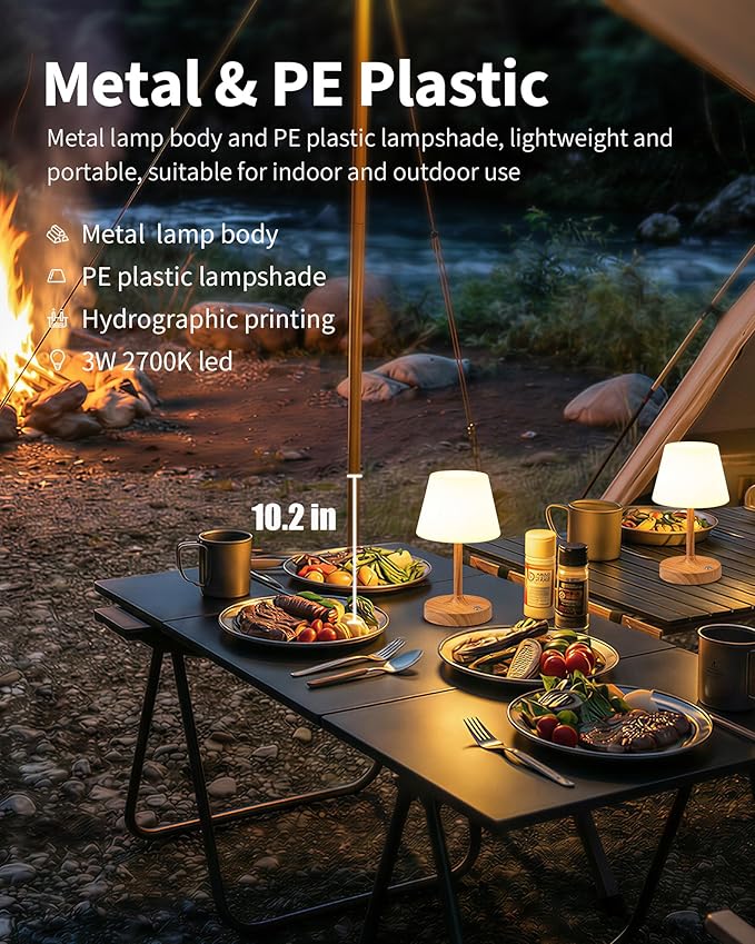 PUSU Cordless LED Wood-Grain Small Table Lamp, Waterproof Shower Light with 4000mAh Battery, Portable Rechargeable Touch Dimming Night Light for Bathroom, Outdoor Camping, Kitchen, Patio, Restaurant