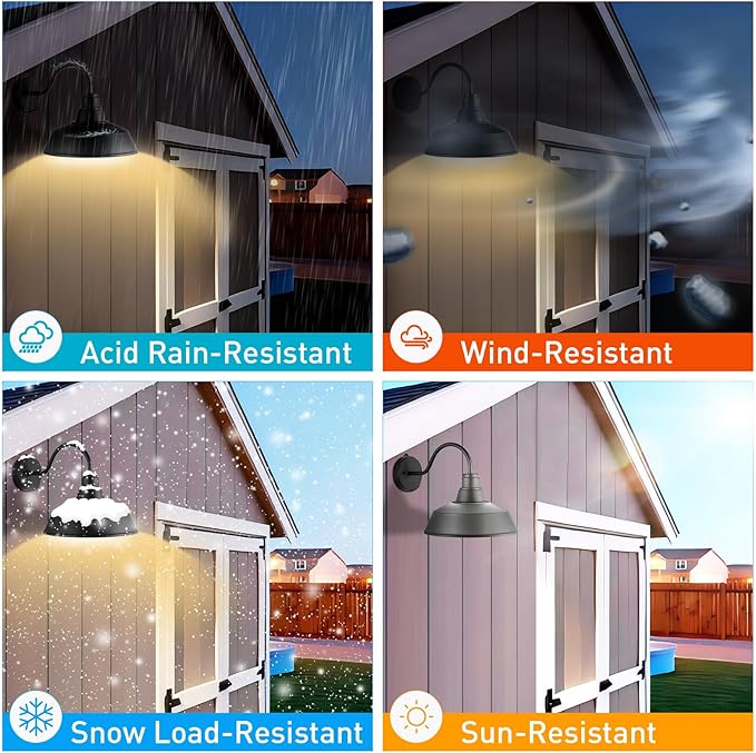 12.4'' Barn Lights Outdoor, Dusk to Dawn Outdoor Lighting Wall Mount, Farmhouse Outdoor Wall Sconce Vintage Dome Gooseneck Barn Light for Porch Garage Patio, Waterproof Rustproof, 1-Pack