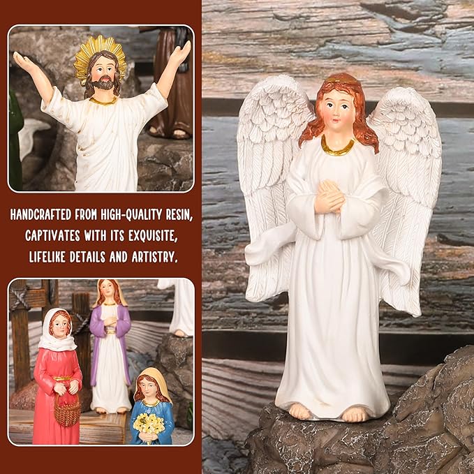 Fovths 9 Pieces Easter LED Cross Shaped Resin Table Decor Resurrection of Jesus Statue Set Easter Resin Tabletop Decoration for Indoor Holiday Home Tabletop Ornaments