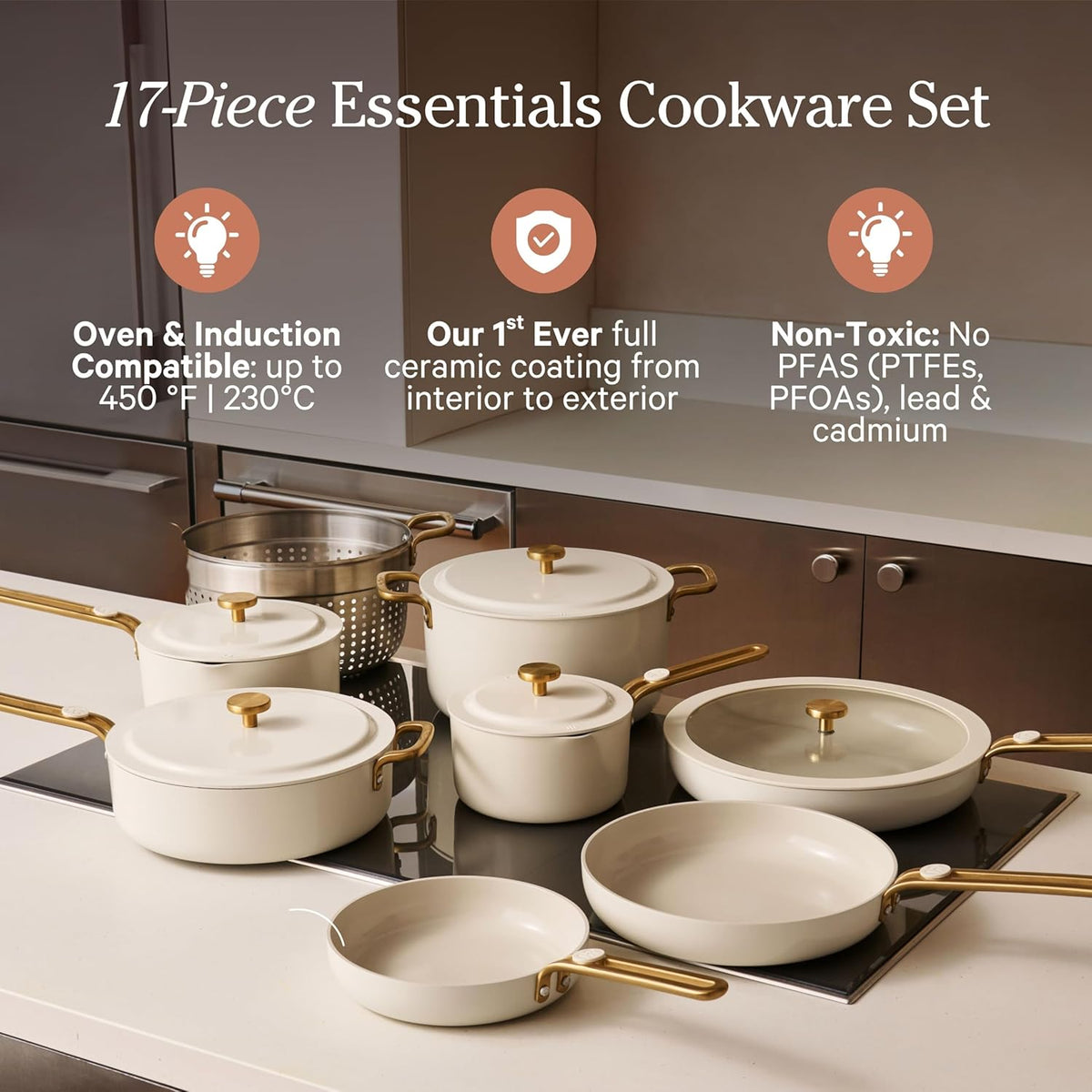 Our Place 17-Piece Complete Cookware Set - Nonstick Ceramic Fry Pans, Saucepans & More | Oven Safe to 450°F | Cream
