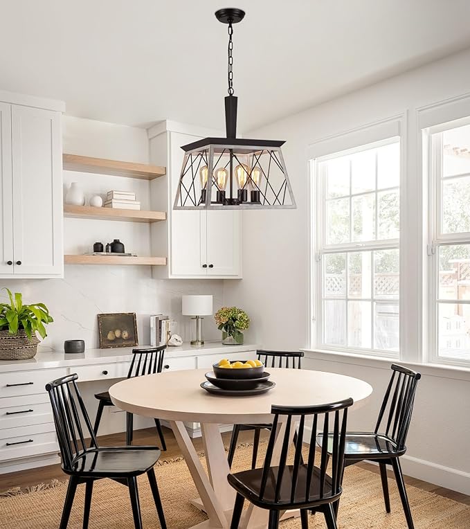 Q&S Farmhouse Vintage Chandelier, Rustic Pendant Light,Industrial Hanging Light Fixture for Dining Room Kitchen Island,Wrought Iron,ORB+Oak White 4 Lights E26 UL Listed